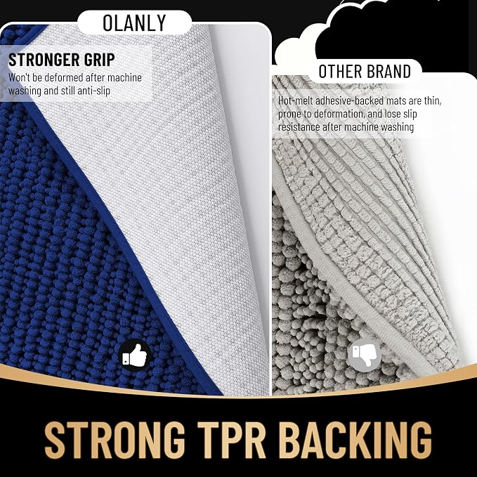 OLANLY Thick Bathroom Runner Rugs 59x20, Extra Soft Absorbent Chenille Bath Rugs, Rubber Backing, Machine Wash Dry, Long Bath Mats for Bathroom Floor, Tub and Shower, Home Decor Accessories, Navy