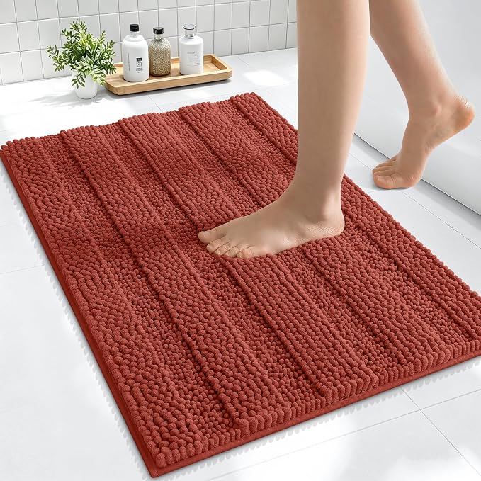 Smiry Thick Small Chenille Bathroom Rugs 24x16, Extra Absorbent Striped Bath Mat, Machine Washable, Rubber Backing, Bath Rugs for Bathroom, Tub & Shower, Home Decor Accessories, Rustic Terracotta