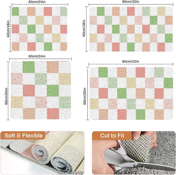 BLESWIN Loofah Mats for Shower 24"x16", PVC Bath Mat for Inside Shower, Bath Mat for Tub Non Slip, Checkered Shower Quick Dry Mats with Drain Hole, Colorful Checkered