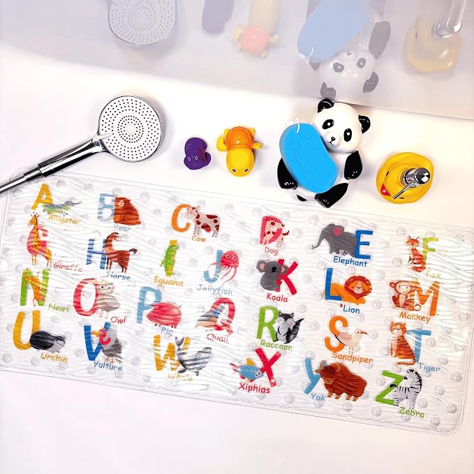 BEEHOMEE Bath Mats for Tub Kids,Baby Toddler - Large Cartoon Non-Slip Bathroom Bathtub Anti-Slip Shower Mats for Floor 35x15,Machine Washable XL Size Bathroom Mats (Alphabet)