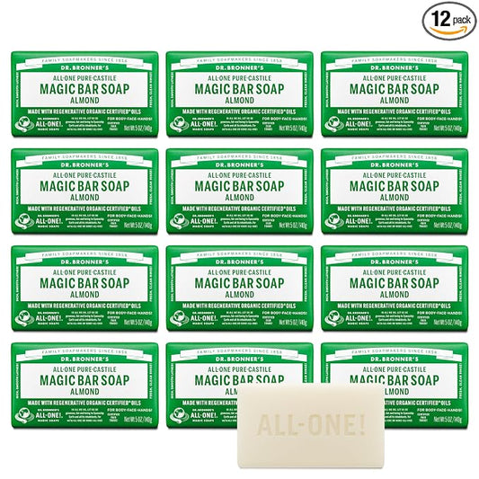 Dr. Bronner's Pure-Castile Magic Bar Soap (Almond, 5 ounce, 12-Pack)-Made with Regenerative Organic Certified Oils, For Face, Body, Hair, Gentle, Vegan, Cruelty-free Non-GMO
