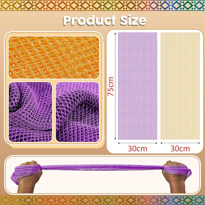 Authentic African Net Sponge - 2 Pieces Deep Clean Exfoliating Sponge - Soft Weave for Gentle Exfoliation, All-Skin-Type Shower Accessory (Purple Orange)