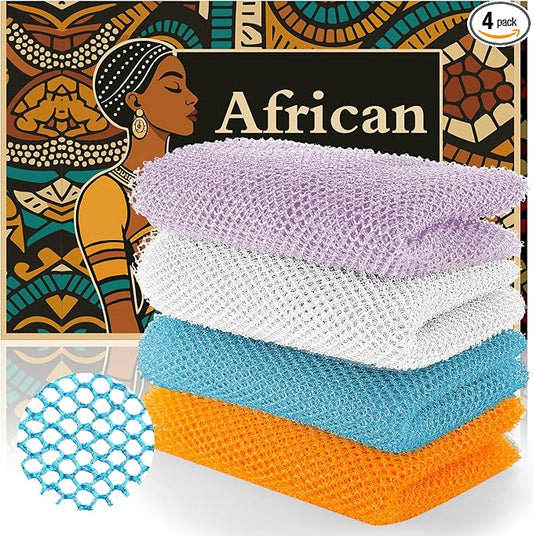 African Bath Sponge 4 Pieces - Net Exfoliator for Glowing Skin, Long-Lasting Nylon Mesh Scrubber, Gentle Enough for Daily Use (Orange, Blue, White, Purple)