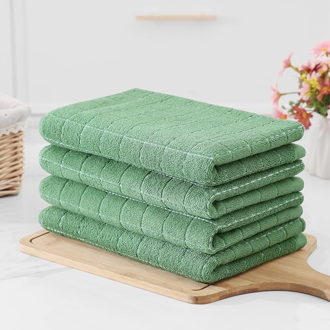 Homaxy 100% Cotton Terry Kitchen Towels(Grass Green, 20 x 28 inches), Checkered Designed, Soft and Super Absorbent Dish Towels, Large 6 Pack