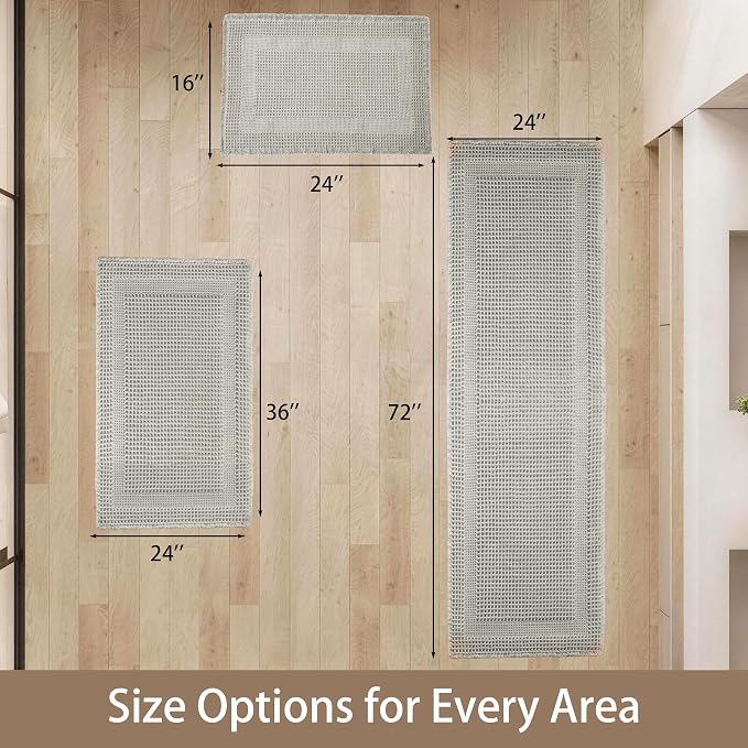 Waffle Runner Rug Non Slip, Boho Bath Mat, Super Absorbent Quick Dry Long Bath Runner Bathroom, Soft Farmhouse Bath Rug with Tassels, Washable Shower Mats for Floor 24"x72", Square Light Grey
