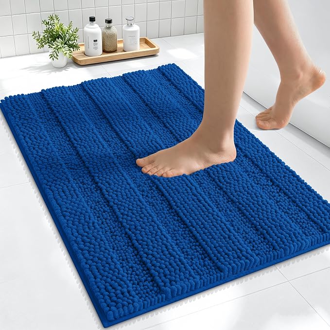 Smiry Thick Small Chenille Bathroom Rugs 24x16, Extra Absorbent Striped Bath Mat, Machine Washable, Rubber Backing, Bath Rugs for Bathroom, Tub & Shower, Home Decor Accessories, Deep Navy Blue