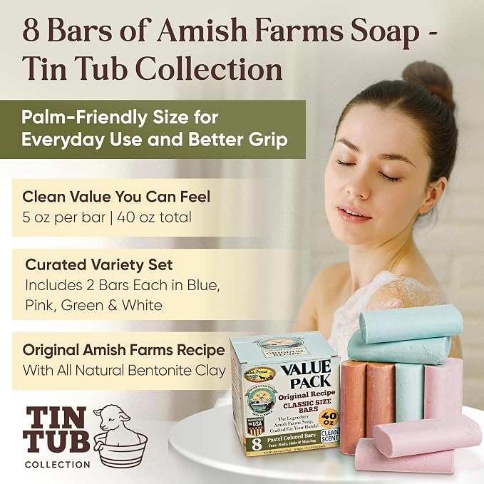 Amish Farms Soap 8-Bar Value Pack – Easy-Grip Hydrating Bars (5 oz Each, 2.5 lb) USA Made for Sensitive Skin - Clean Scent, Original Recipe – Tin Tub Collection