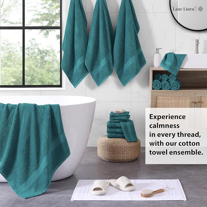 LANE LINEN 100% Cotton Bathroom Towels Set - 18 Piece - Super Soft, Quick Dry & Highly Absorbent - 4 Bath, 8 Washcloth, 6 Hand Towels - Premium Hotel Quality, Ideal for Spa & Salons - Seaport Blue
