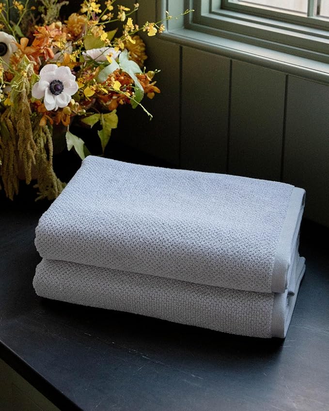Cozy Earth Nantucket 60% Cotton 40% Viscose from Bamboo Bath Towel - 600 GSM Plush & Fast-Drying with Rice Weave Pattern - 2 Pack 30" x 58" Luxury Bath Towel - Harbor Mist
