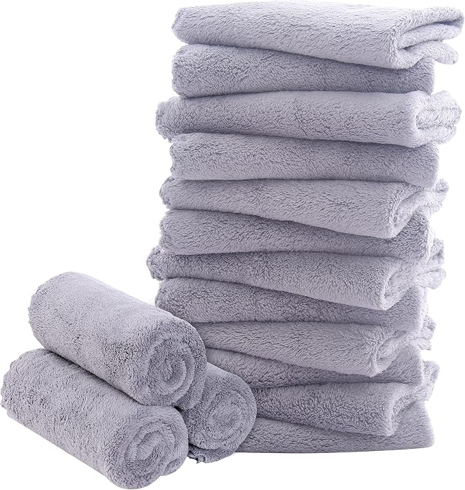 16 Pack Baby Washcloths - Luxury Coral Fleece - Extra Absorbent and Soft Wash Clothes for Newborn, Infants and Toddlers - Suitable for Sensitive Skin and New Born - Baby Shower - Light Grey,10x10 Inch
