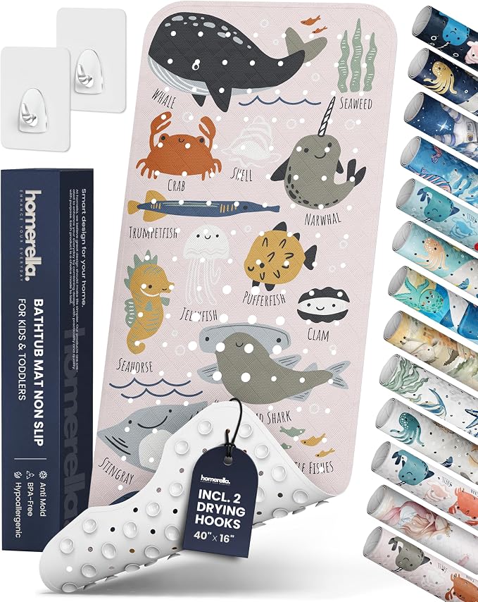 Bath Tub Mat Non Slip Anti Mold for Kids BPA Free INCL Hooks - homerella® Ocean Sea Animals 40x16, Baby Bath Mat Non Slip 200 Suction Cups, Non Toxic Machine Washable Toddler Bath Mat, EU Certified