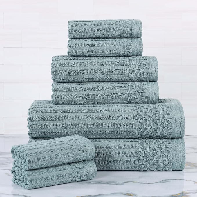 Superior Cotton 8-Piece Solid and Ribbed Towel Set, Face Towels 13” x 13”, Hand Towels 16” x 28”, Bath Towels 27” x 54”, Basil