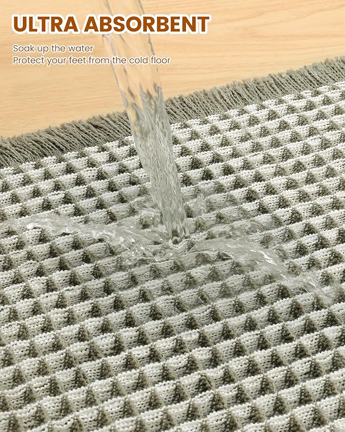Smiry Waffle Bath Mat 60x24, Extra Soft Absorbent Bathroom Rugs, Non Slip Machine Washable Quick Dry Bath Rugs for Bathroom Floor, Tub, Shower, Home Decor Accessories, Green & Cream
