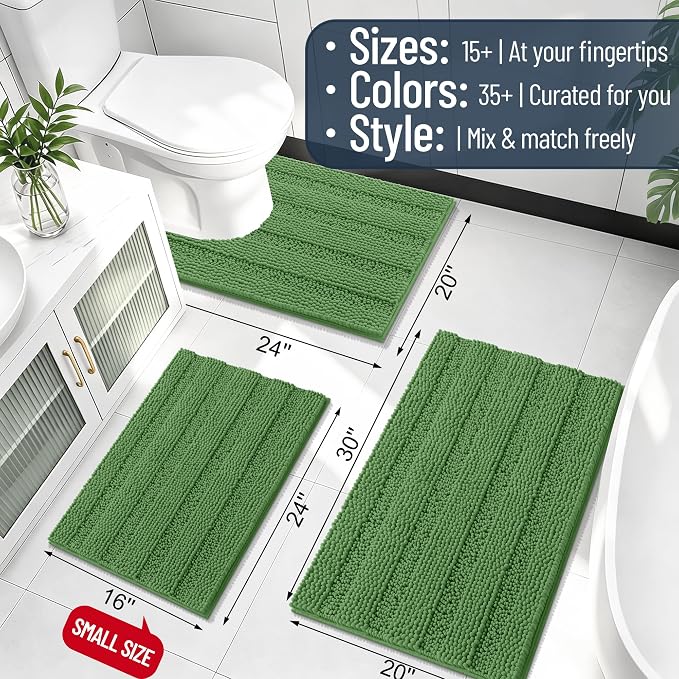 Smiry Thick Chenille Bathroom Rugs 36x24, Extra Soft Absorbent Striped Bath Mat, Machine Washable, Rubber Backing, Bath Rugs for Bathroom, Tub & Shower, Home Decor Accessories, Olive Green