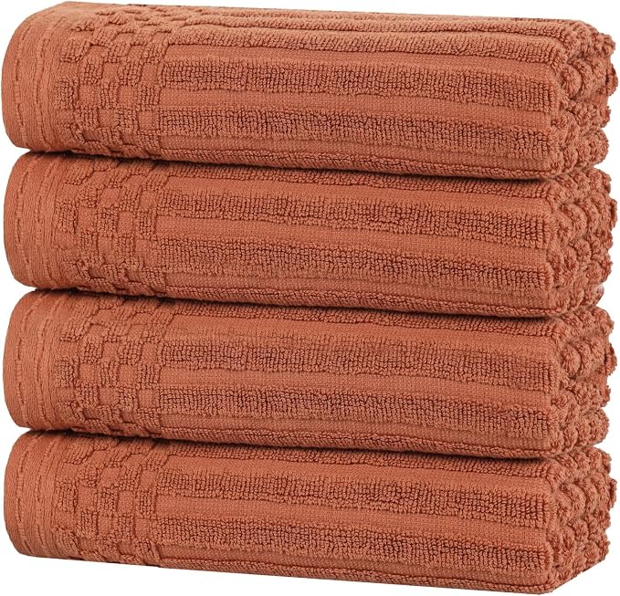 Superior Cotton Hand Towel Set of 4, Daily Use for Bathroom, Kitchen, Guest Bath, Quick Dry Small Towels, Face, Hand, Gym, Spa, Hotel, Absorbent, Essentials, Ribbed, Soho Collection, Rust