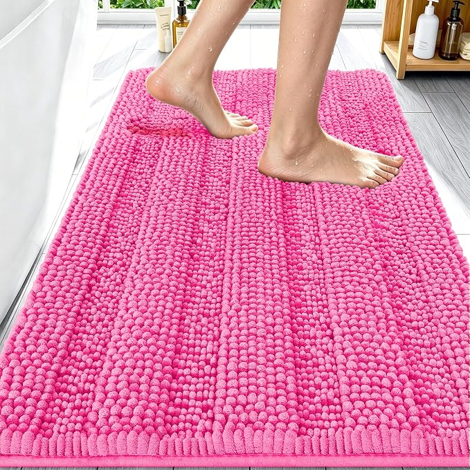 Smiry Thick Chenille Bathroom Rugs 30x20, Extra Soft Absorbent Striped Bath Mat, Machine Washable, Rubber Backing, Bath Rugs for Bathroom, Tub & Shower, Home Decor Accessories, Hot Pink
