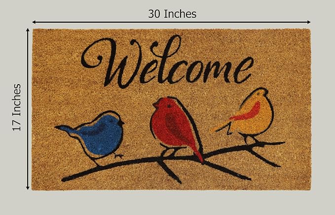 Croft&Cane Welcome Birds Coir Doormat – Non Slip Natural Coco Coir Door Mat - Low Profile Vinyl Backed Front Doormat - Indoor Outdoor Entryway Rug - 17 x 30 Inches