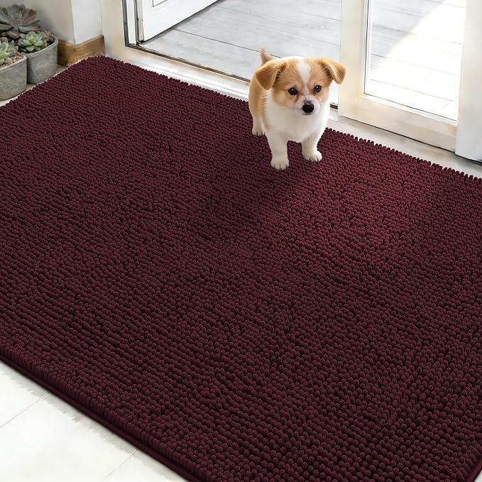 OLANLY Dog Door Mat for Muddy Paws 48x30, Absorbs Moisture and Dirt, Absorbent Non-Slip Washable Doormat, Quick Dry Chenille Mud Mat for Dogs, Entry Indoor Entryway Carpet for Inside Floor, Russet