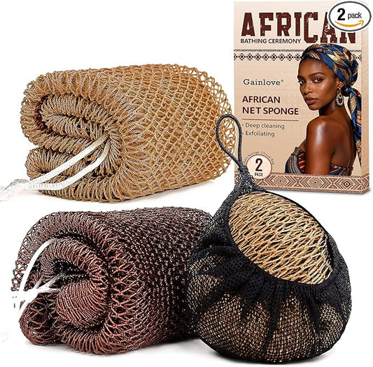 2 Pack African Net Sponge Exfoliating Body Scrubber Bath Sponge for Daily Use (Dark Brown+Light Brown)