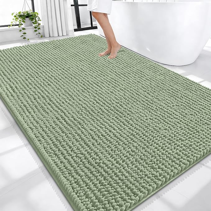 OLANLY Thick Large Bathroom Rugs 70x46, Extra Soft Absorbent Chenille Bath Rugs, Rubber Backing, Machine Wash Dry, Bath Mats for Bathroom Floor, Tub and Shower, Home Decor Accessories, Sage Green