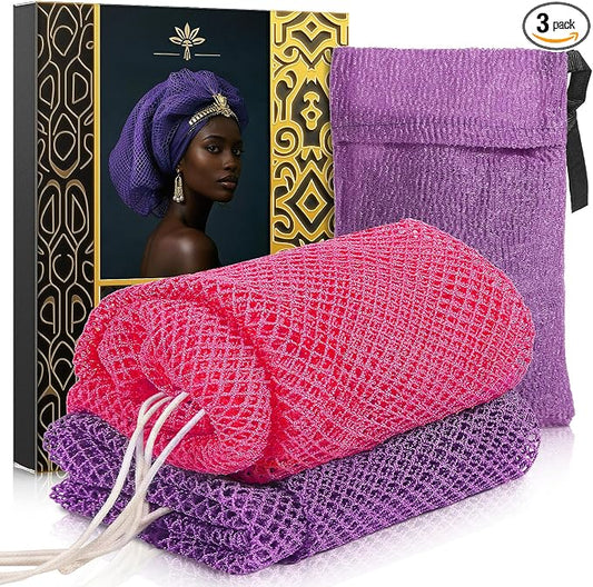 African Net Sponge 2 Pack - Deep Exfoliating Body Scrubber for Back & Full Body Care, Extra Long Loofah Alternative with Soap Bag, Double-Sided Exfoliation for Smooth Skin - Rose Red, Purple & Purple