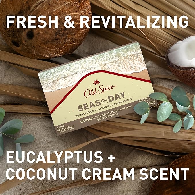 Old Spice Premium Bar Soap, Seas The Day Eucalyptus and Coconut Cream Scent, With Plant Based Cleansers, 5.0 oz (Pack of 6)