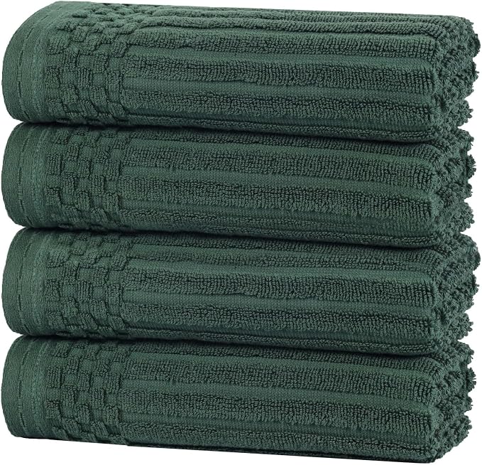 Superior Cotton Hand Towel Set of 4, Daily Use for Bathroom, Kitchen, Guest Bath, Quick Dry Small Towels, Face, Hand, Gym, Spa, Hotel, Absorbent, Essentials, Ribbed, Soho Collection, Forest Green