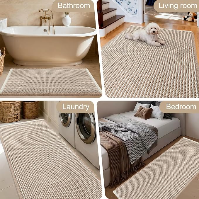 Upgraded Waffle Bath Mat, 24"x17" Brown & Cream, Super Absorbent Non-Slip Quick Dry Bathroom Rugs with Tassels, Machine Washable Ultra Soft Boho Bath Rugs for Floor, Toilet Mats Boho Farmhouse Decor