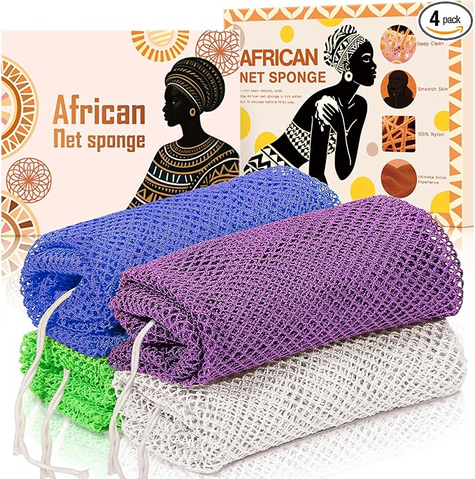 4 Pieces Real African Net Sponge – Exfoliating for Smooth & Glowing Skin – Long-Lasting Nylon Mesh, Quick-Dry for Daily Shower Use（Purple, Green, Blue, White）