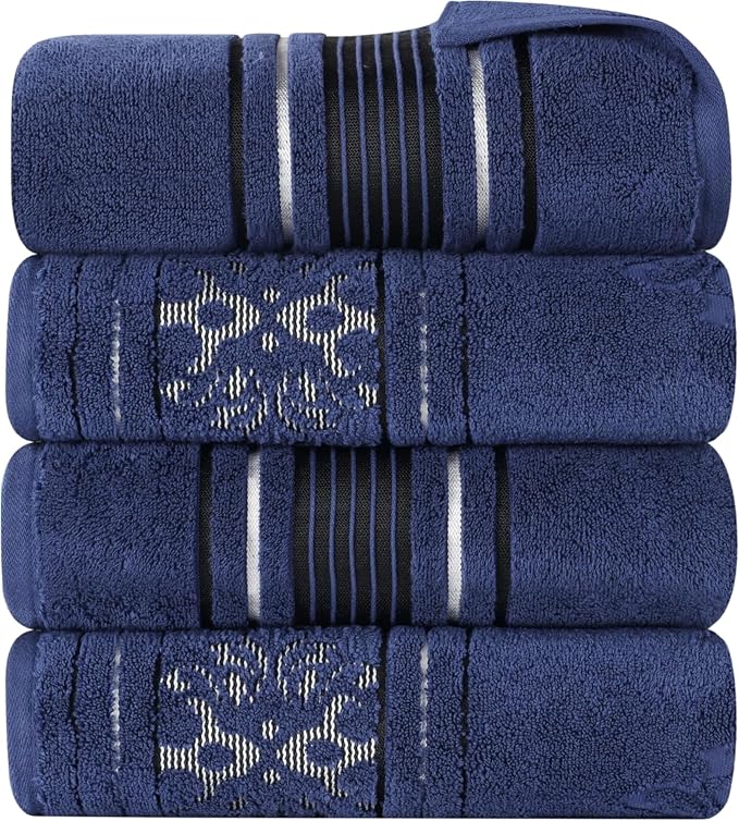 Superior Cotton Bath Towel Set, Large Plush Absorbent Body Towels, Luxury Soft Quick Drying, Shower, Spa, Hotel, Pool, Guest Bathroom, Home Essentials, Zero Twist, Assorted Floral Set of 4, Navy Blue