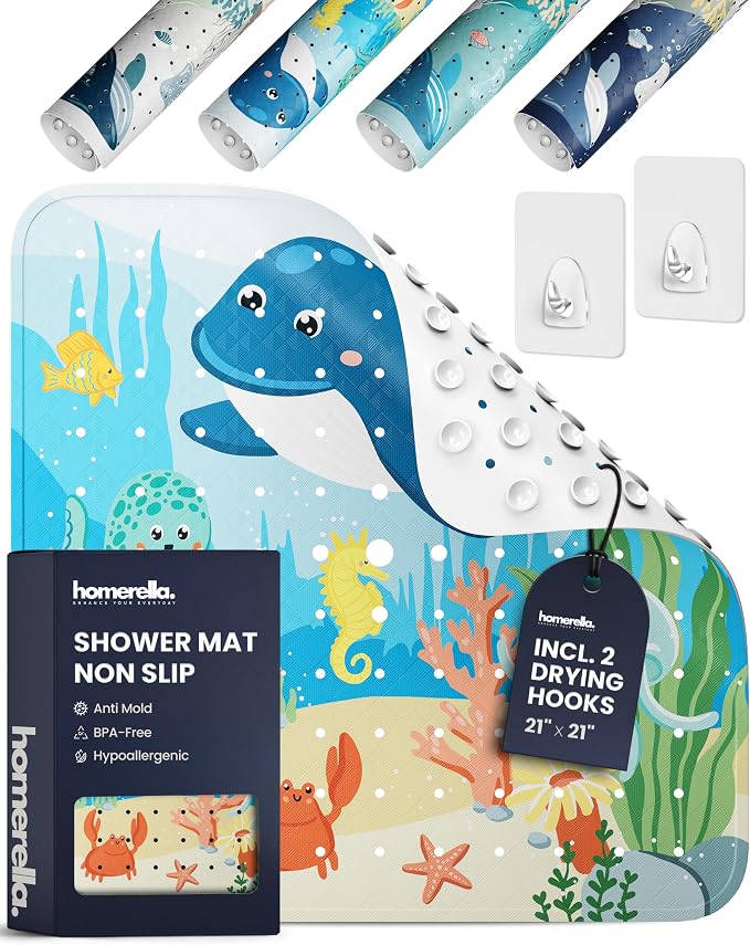 homerella® Shower Mat Non Slip Anti Mold, Non Slip Shower Mats for Inside Shower Stall Anti Slip Mat, Square Shower Floor Mat 21 x 21 in with Suction Cups & Hooks for Quick Drying, Machine Washable