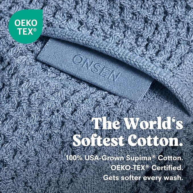 ONSEN Supima® Waffle Bath Towel, Large, Quick Dry Lint Free 100% USA Cotton, Lightweight Absorbent Bath Towel, 31x57 in (Denim Blue, 1x Bath Towel)