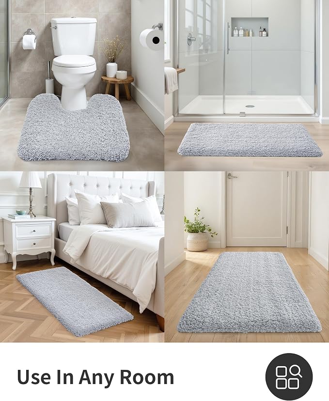 ILANGO Silver Bathroom Rugs 48" × 24" Non Slip & Super Absorbent Extra Thick Soft, Washable Bath Mat for Floor, Microfiber Plush Shaggy Bath Rug with Tub for Bathtub Shower Room Sink