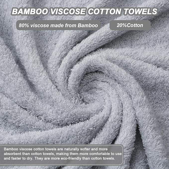 Aibaser Viscose from Bamboo and Cotton Bath Towels Set of 6-27x54 Inch Ultra Soft, Highly Absorbent Large Shower Towels for Bathroom, Spa & Gym (6 Piece Set) (Light Grey)