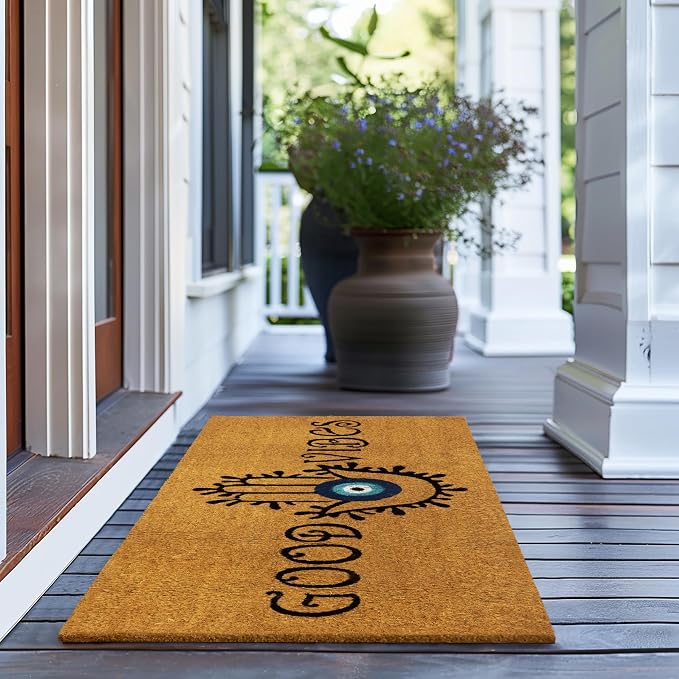 Croft&Cane Good Vibes Evil Eye Welcome Doormat – Extra Wide 17x39 Non Slip Natural Coco Coir Door Mat – Dirt Trapping Indoor Outdoor Large Entryway Rug for Wide Doorways Patio Porch High Traffic Areas