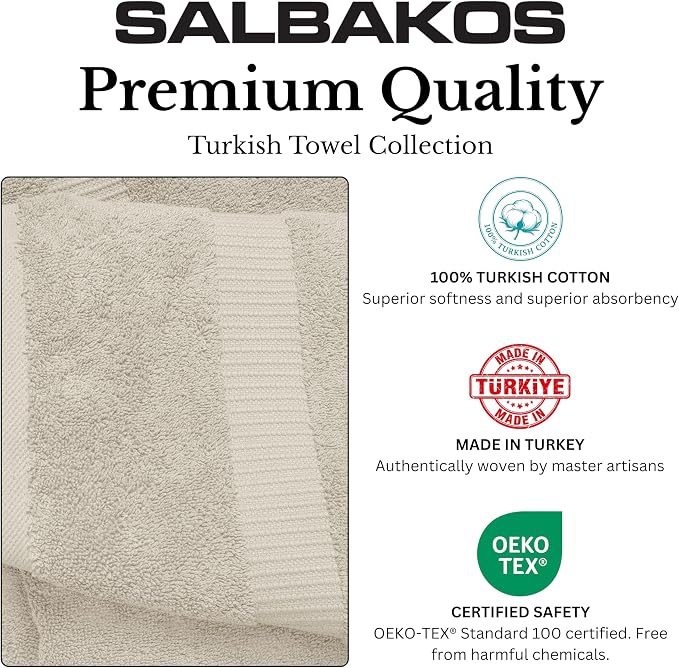 SALBAKOS 100% Turkish Cotton Bath Towel Set of 4, 27x54 inch | Premium Quality | Hotel & Spa Collection | Ultra Soft, Super Absorbent, Long Lasting Bath Towels | Made in Turkey (Ivory, 4 Bath Towels)