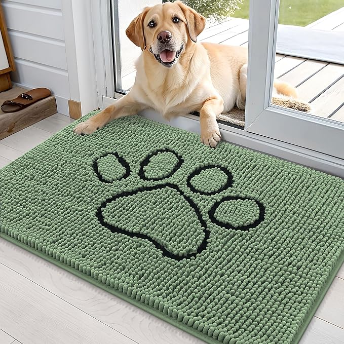 OLANLY Dog Door Mat for Muddy Paws 36x24, Paw Print Design, Absorbs Moisture and Dirt, Absorbent Non-Slip Washable Doormat, Quick Dry Chenille Mud Mat, Entry Indoor Entryway Carpet, Olive Green