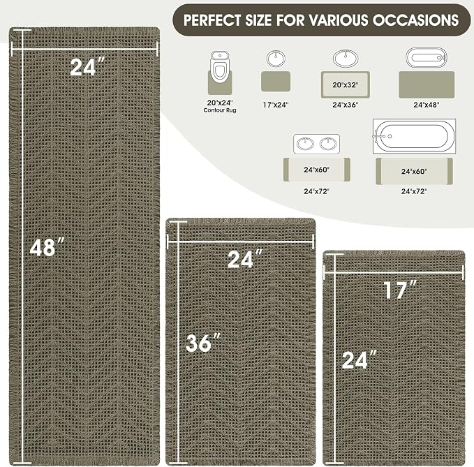 Upgraded Waffle Bath Mat Set 3 Piece Greyish Green-Herringbone, Super Absorbent Non-Slip Quick Dry Bathroom Rugs with Tassels, Machine Washable Ultra Soft Boho Bath Rugs,Bath Mats Boho Farmhouse Decor