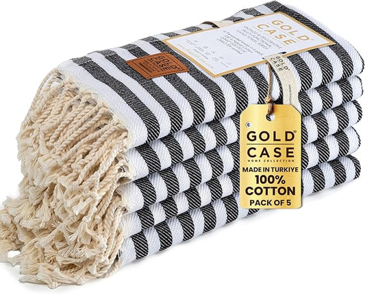Gold CASE Turkish Hand Towels Set of 5 – 100% Cotton Hand Towels for Bathroom 20 x 40'' – Soft & Quick Dry Cotton Towel for Hands, Hair, SPA & Gym – Elegant Bathroom Towel Set in Black