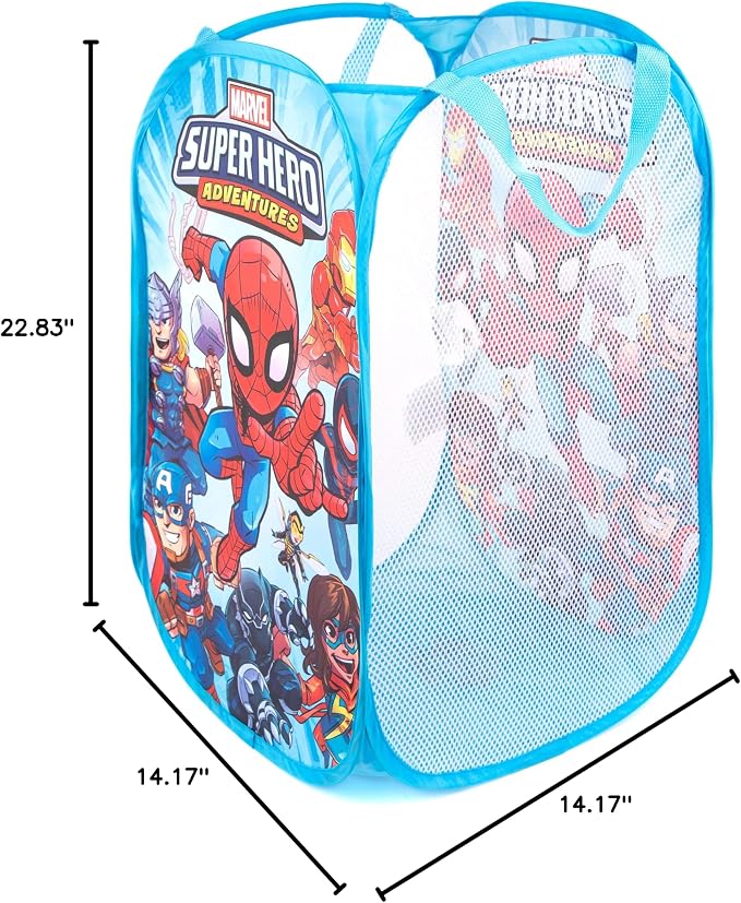 Jay Franco Marvel Super Hero Adventures Pop Up Hamper - Mesh Laundry Basket/Bag with Durable Handles - Features Spiderman, Iron Man, Captain America & Thor (Official Marvel Product)