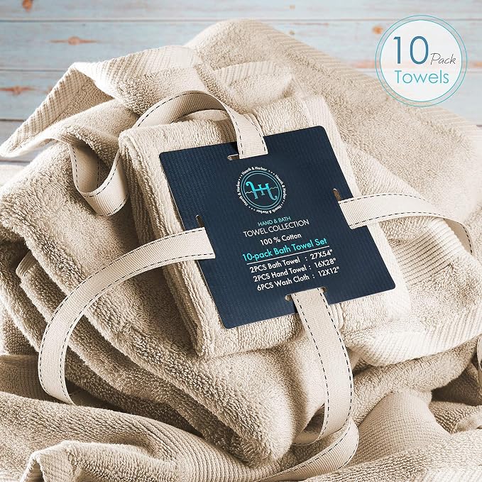 Hearth & Harbor Bath Towels for Bathroom - 100% Ring Spun Cotton Luxury Bathroom Towels - Ultra Soft & Highly Absorbent, Bath Towels Set of 10 - Beige Cream