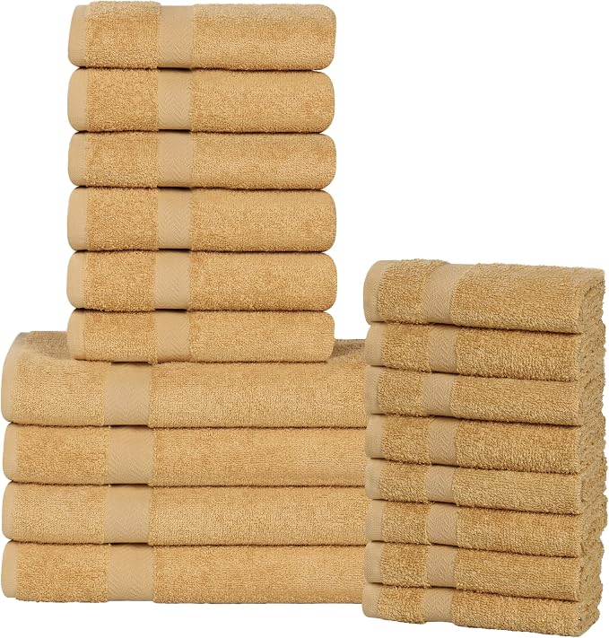 Superior 18-Piece Cotton Assorted Towel Set, Includes 8 Face Towel, 6 Hand, and 4 Bath Towels, Home, Bathroom, Guest Bath Essentials, Quick Dry, Absorbent, Franklin Collection - Gold
