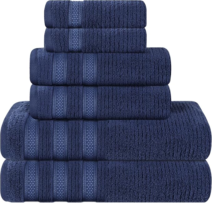 Superior Cotton 6-Piece Towel Set, Zero Twist, Ribbed Geometric, Bathroom Essentials, Shower, Spa, Luxury Plush Soft Absorbent Towels, Includes 2 Bath, 2 Hand, 2 Washcloth/Face Towels, Navy Blue
