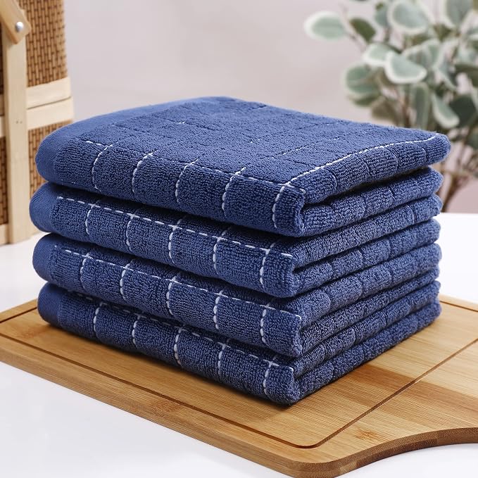 Homaxy 100% Cotton Terry Kitchen Towels(Navy Blue, 13 x 28 inches), Checkered Designed, Soft and Super Absorbent Dish Towels, 8 Pack
