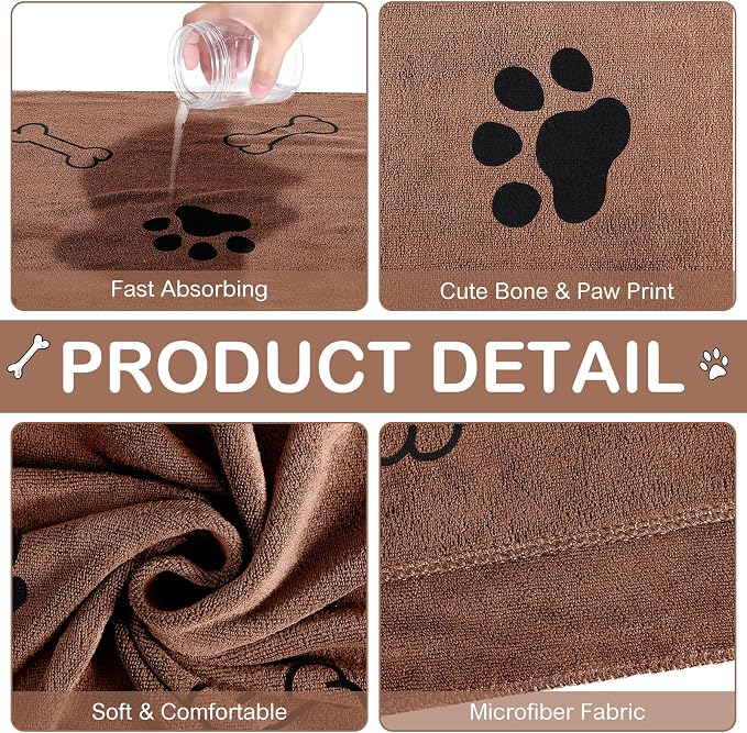 Chumia 8 Pcs Microfiber Dog Towels for Drying Dogs Cats 40 x 24 Inch Pet Towels Bulk for Large Puppy Absorbent Fast Drying Paw Bath Bathing Supplies for Pets(Dog Paw and Bone,Coffee)