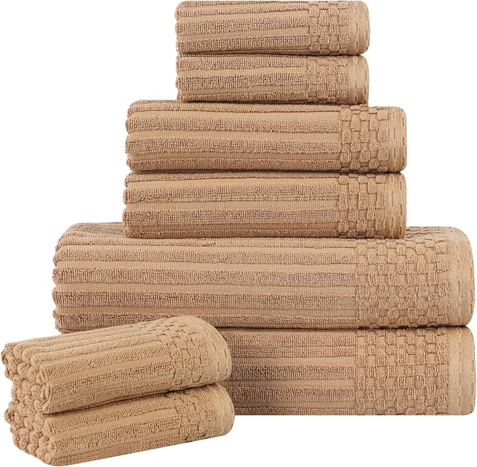 Superior Cotton 8-Piece Solid and Ribbed Towel Set, Face Towels 13” x 13”, Hand Towels 16” x 28”, Bath Towels 27” x 54”, Coffee by Superior
