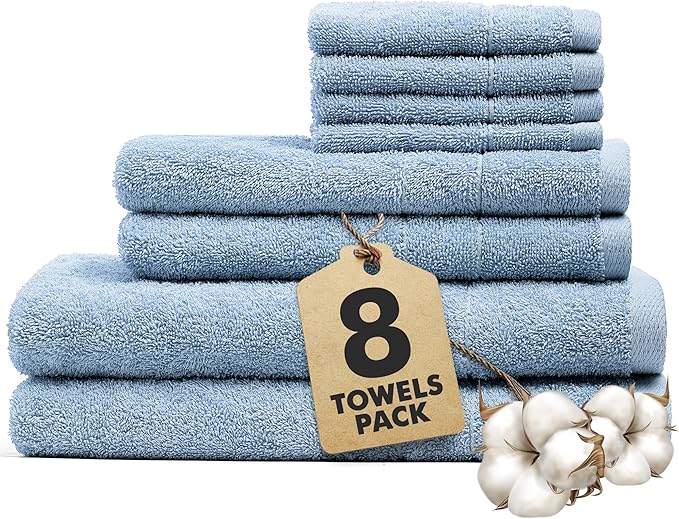 Bath Towels Set of 8 – 100% Ring Spun Cotton (Sky Blue) Bathroom Towel Set Bale Includes 2 Bath, 2 Hand, 4 Face Towels – 550 GSM Soft, Absorbent & Quick Dry Towel for Bathroom, Spa, Kitchen, Hotel Use