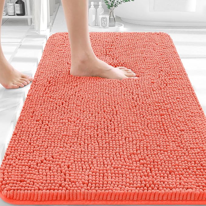 OLANLY Bathroom Rugs 36x24, Extra Soft Absorbent Chenille Bath Rugs, Rubber Backing Quick Dry, Machine Washable Bath Mats for Bathroom Floor, Tub and Shower, Home Decor Accessories, Coral