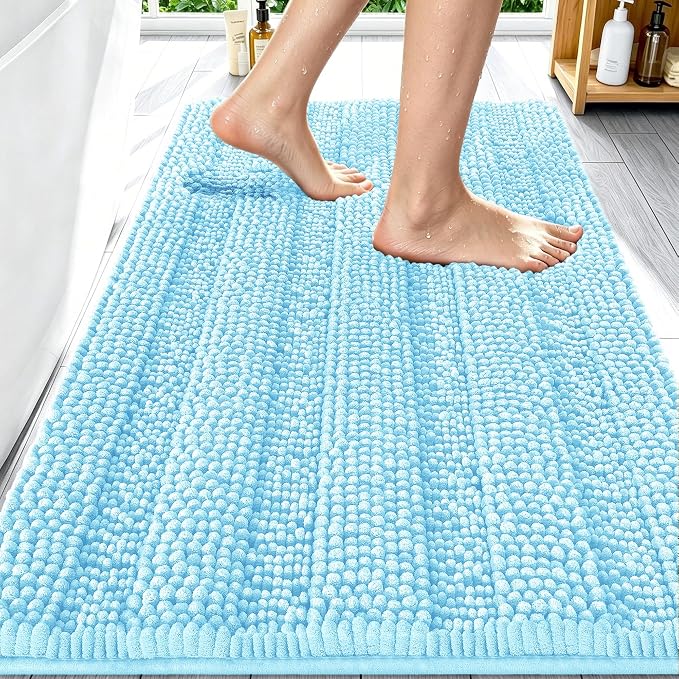 Smiry Thick Chenille Bathroom Rugs 30x20, Extra Soft Absorbent Striped Bath Mat, Machine Washable, Rubber Backing, Bath Rugs for Bathroom, Tub & Shower, Home Decor Accessories, Sky Blue