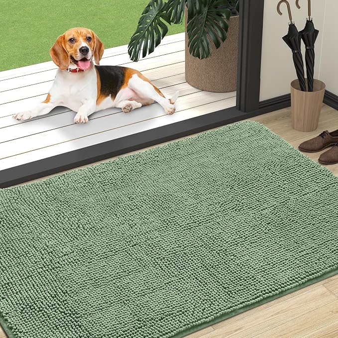 OLANLY Dog Door Mat for Muddy Paws 47x32, Absorbs Moisture and Dirt, Absorbent Non-Slip Washable Doormat, Quick Dry Chenille Mud Mat, Entry Indoor Entryway Carpet for Inside Floor, Olive Green